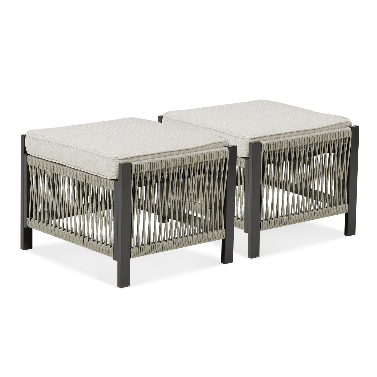 Outdoor PE Wicker Ottomans Set of 2 with Beige Cushion for Patio
