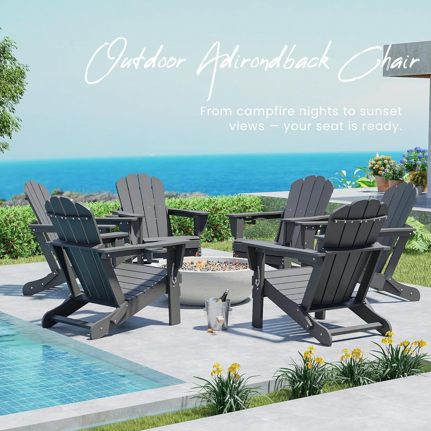 6pcs All-Weather HDPE Folding Adirondack Chair Fire Pit Chair w/Cup Holder,Grey