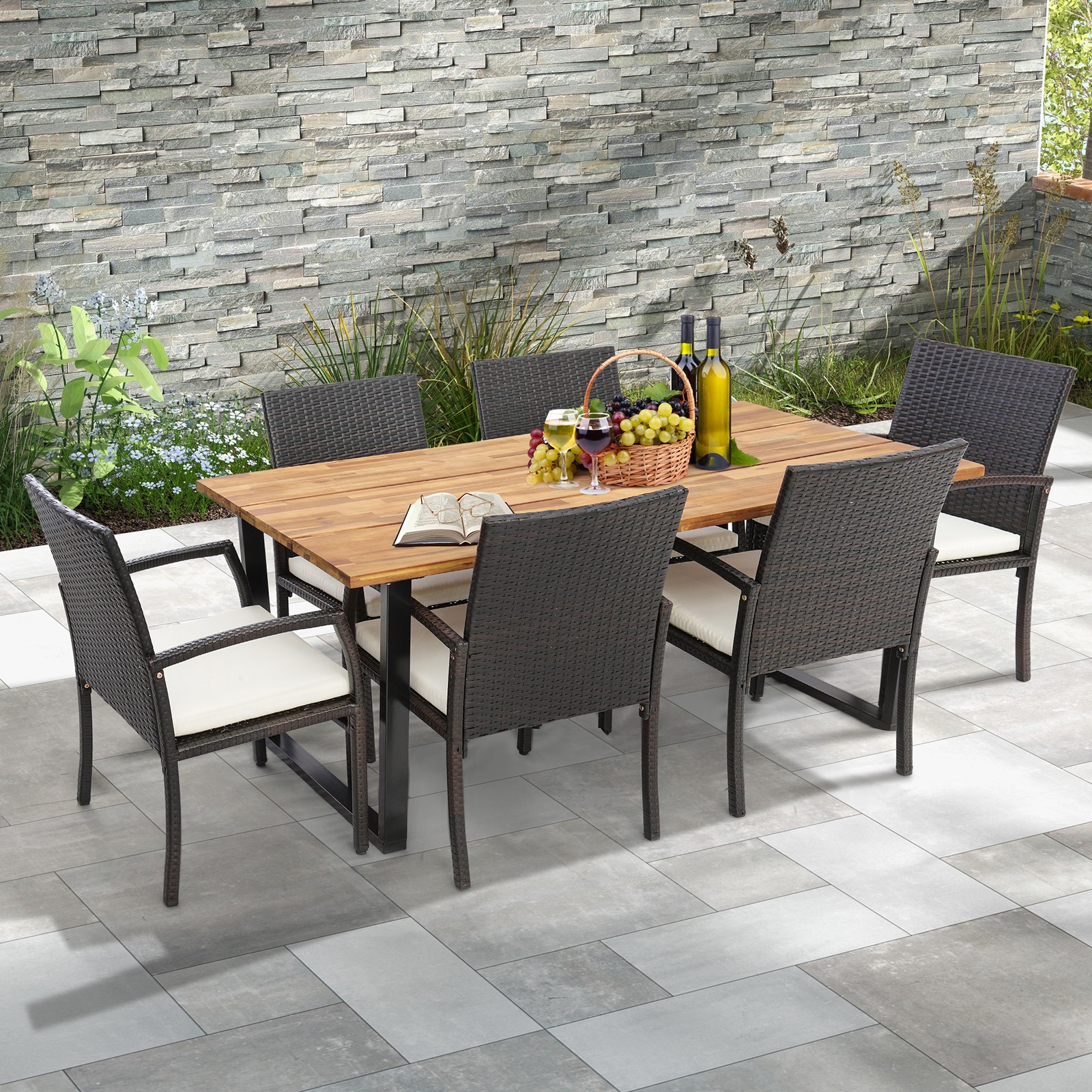 7Pcs Patio Rattan Dining Set Umbrella Hole L-Shaped Handrail Chairs