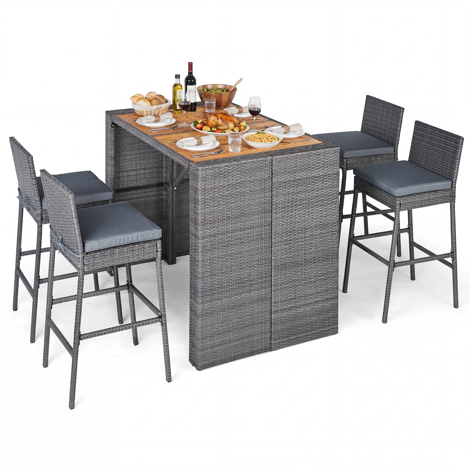 5-Piece Patio PE Wicker Bar Set with Backrest and Footrest for Garden, Poolside