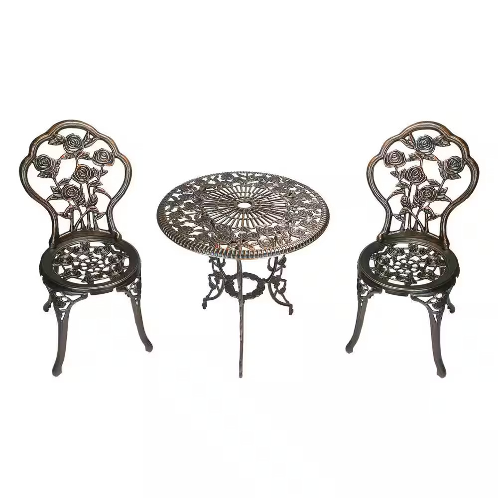Antique Bronze 3-Piece Cast Aluminum Rose Bistro Set