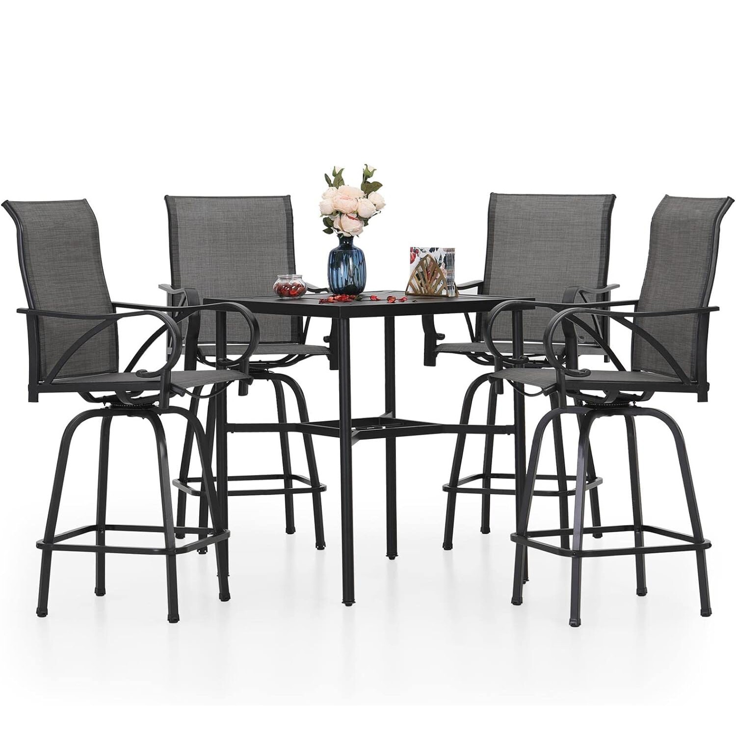 5 PCS Patio Bar Table Chair Set Swivel Bar Height Chair Bar Stools Outdoor Table
