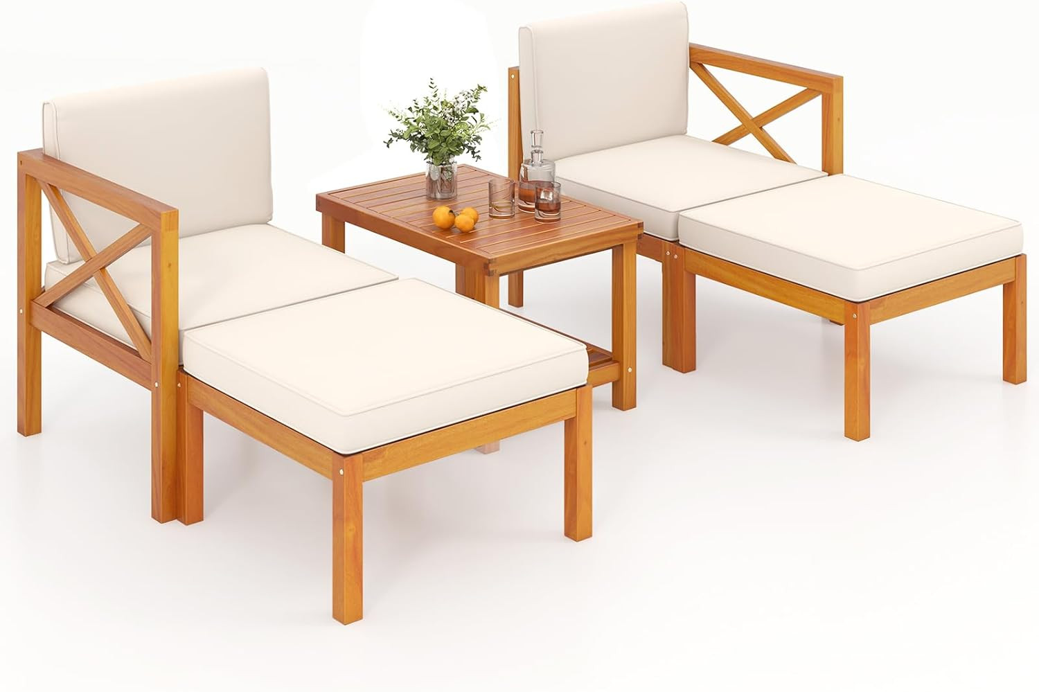 5 Pieces Patio Lounge Chair Set W/Ottomans, Acacia Wood Patio Conversation Set W