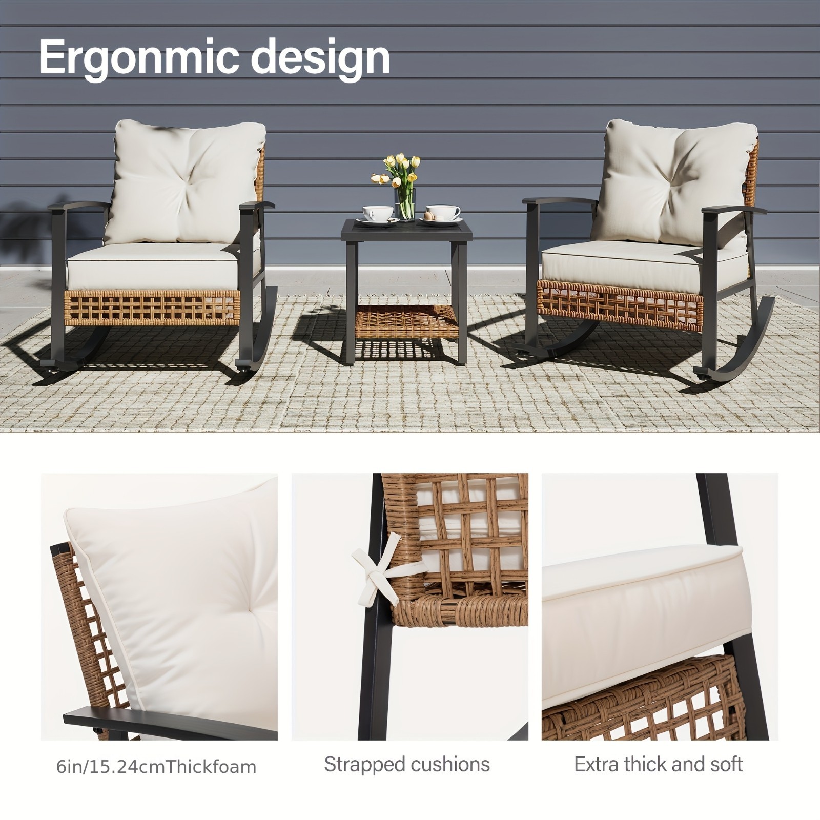 3-Piece Rocking Bistro Set, padded seats, 2-tier table, oversized rattan seating
