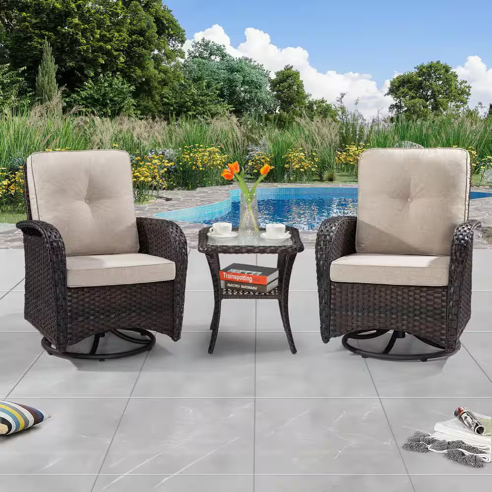 3-Pcs Dark Brown Wicker Outdoor Rocking Chair Patio Conversation Set Swivel Chai