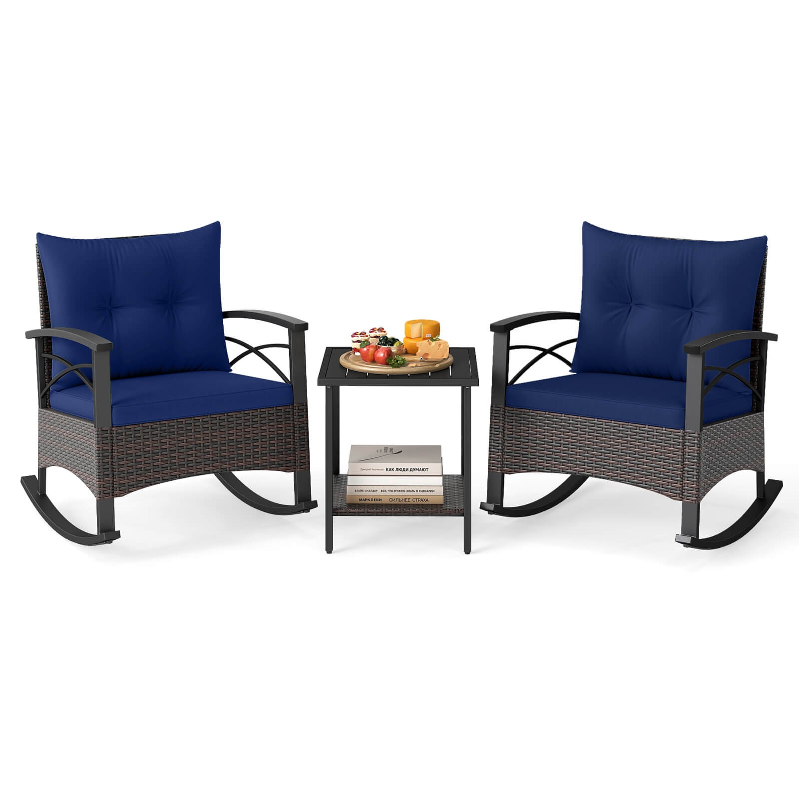 3PCS Rattan Rocking Chair Set w/Acacia Wood Tabletop Armrests for Porch, Balcony