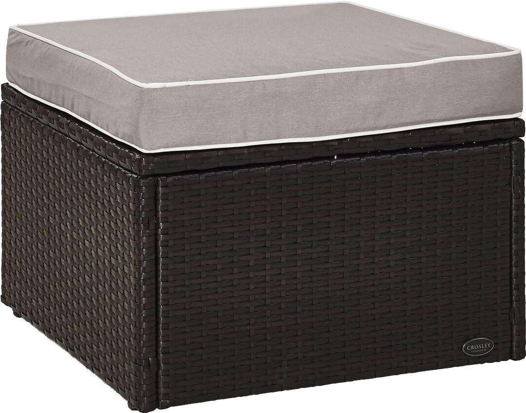 Brown Wicker Outdoor Ottoman with Gray Cushions for Patio & Porch