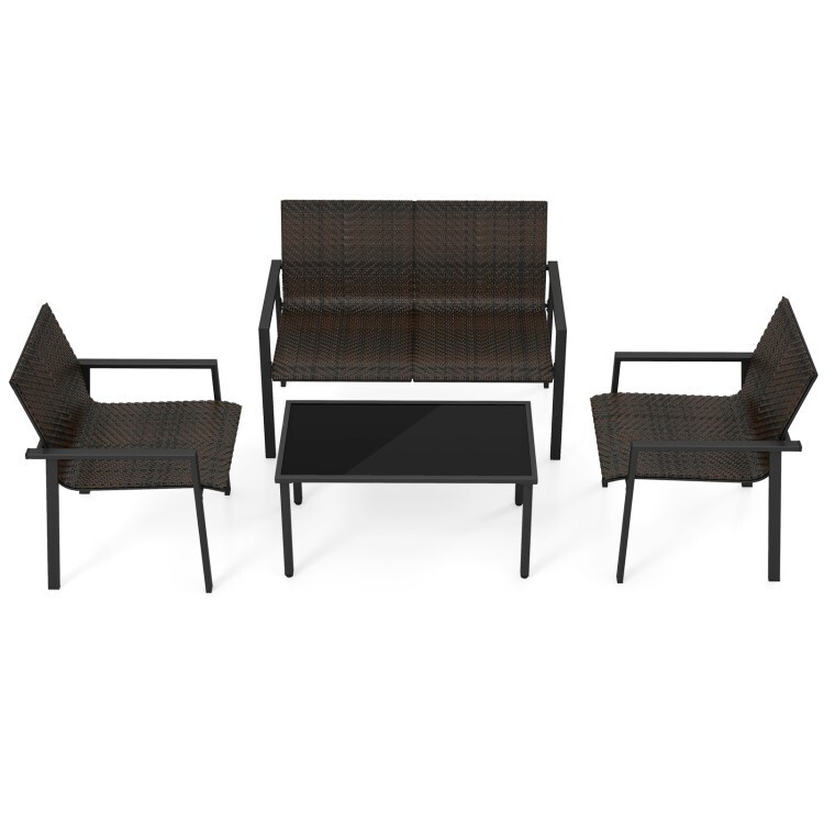 4PCS Patio Outdoor Conversation Furniture Set Rattan With Heavy Duty Metal Frame