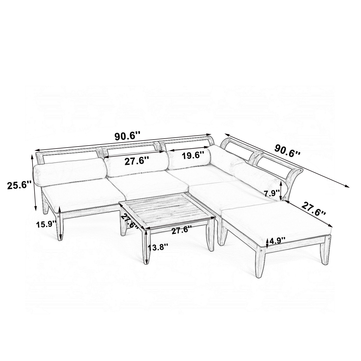 Acacia Wood Patio Sofa Set 6-Piece Modular Sectional with Cushions