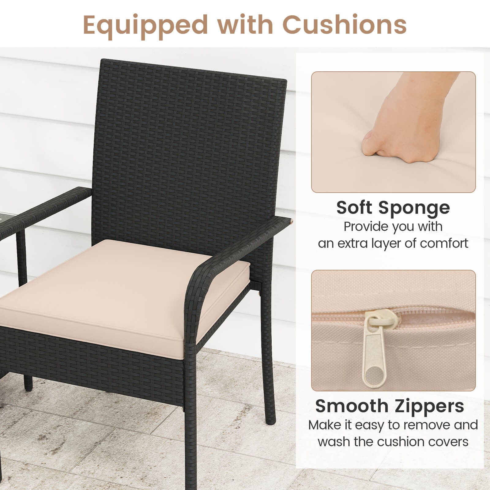 3 PCS Patio Furniture Set w/2-Tier Table Tempered Glass Tabletop & Soft Cushions