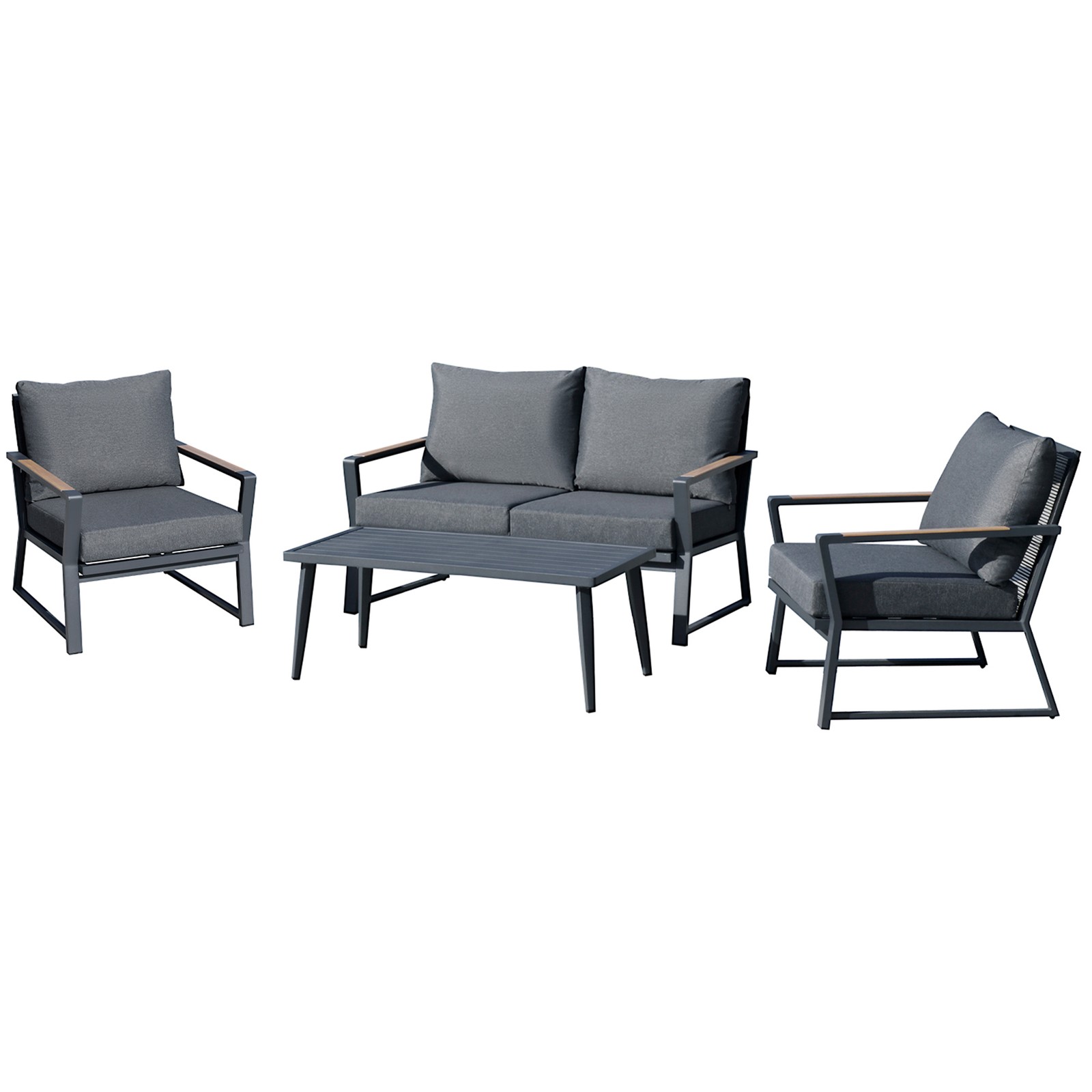 4 PC Aluminum Dark Grey Garden Sofa Set Widened Seat, Coffee Table & Cushions
