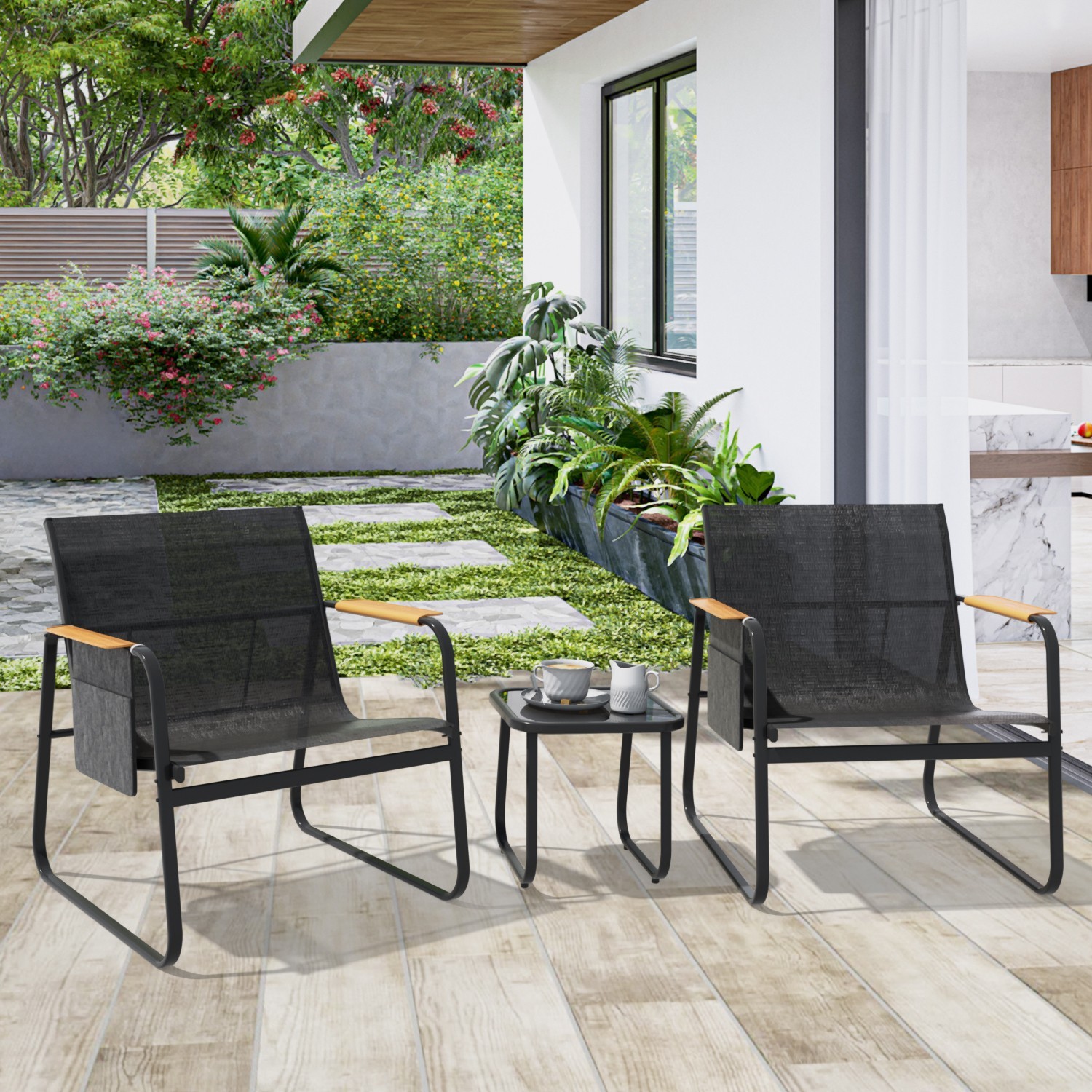 3Pc Patio Bistro Set, Textilene Chairs, Wide Armrests & Side Storage Pockets