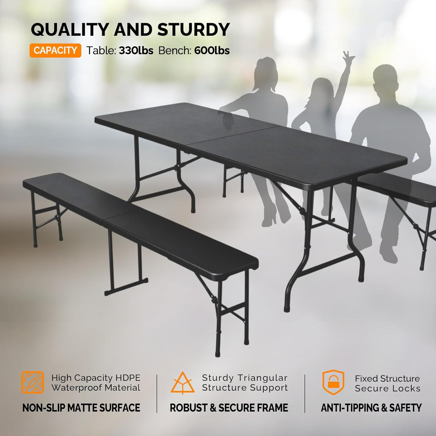VINGLI Picnic Table Set with 2 Benches, 6 Feet Camping Table Chair Set, 3-Piece