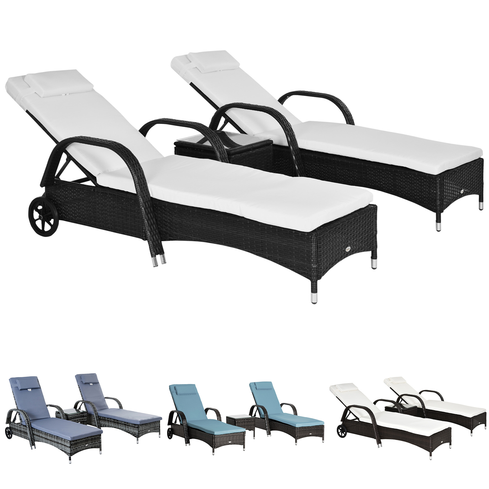 3pc Outdoor Set, 2 Reclining Chairs, Cushions, Wheels, Side Table, PE Wicker