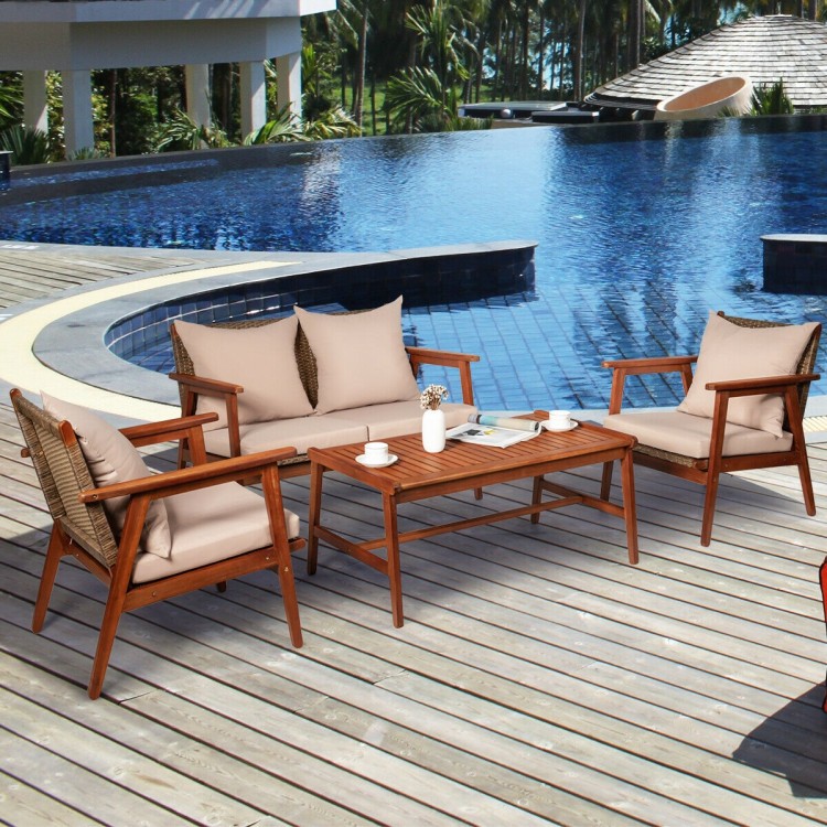 4-Piece Acacia Wood Patio Rattan Furniture Set with Cushions – Outdoor/Indoor