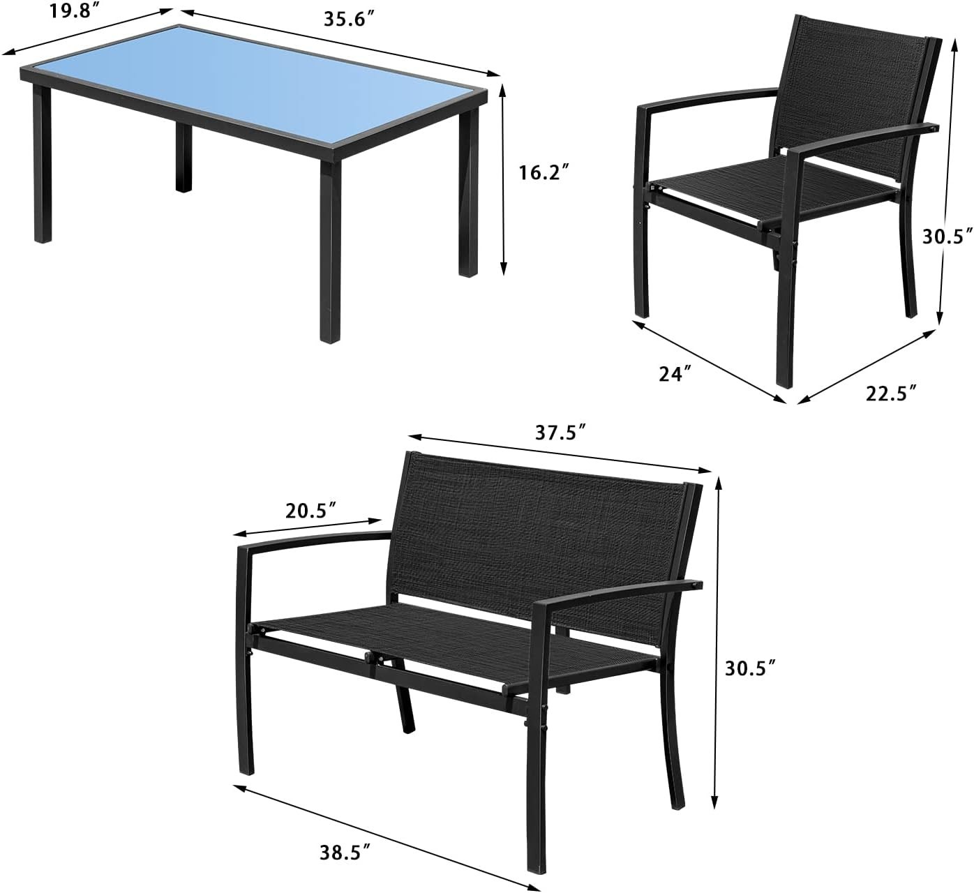 Modern Outdoor Patio Set – 4 Pieces with Breathable Chairs & Elegant Glass Table