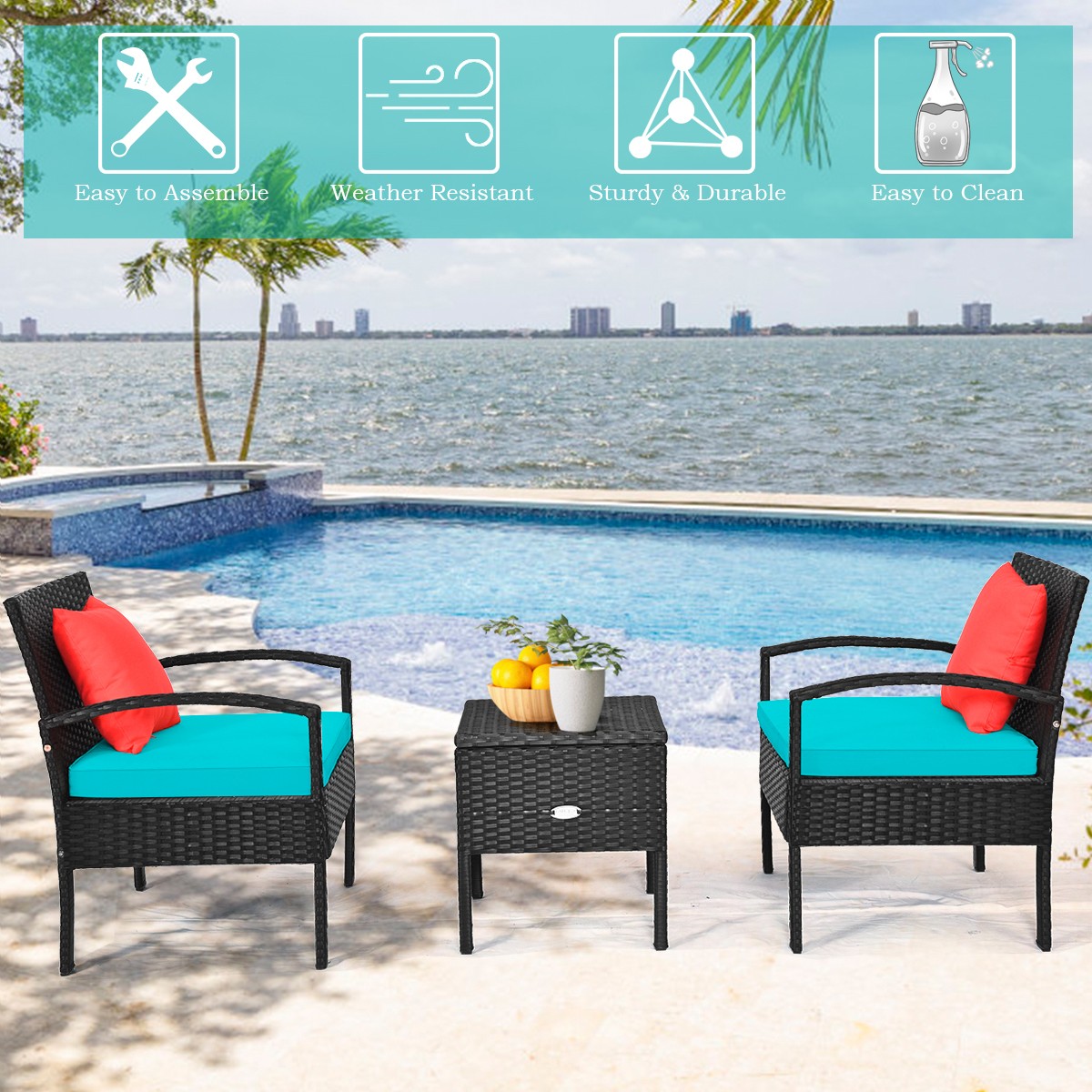 Patiojoy 3PCS Patio Rattan Furniture Set Table Cushioned Sofa Turquoise