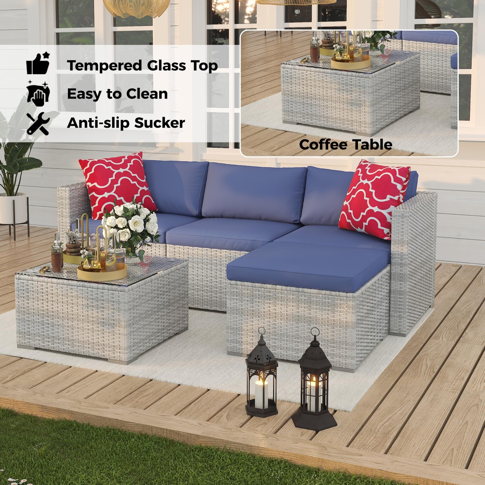 5Piece Patio Furniture Set Rattan Chairs w/ Soft Cushion,Glass Table(No pillows)