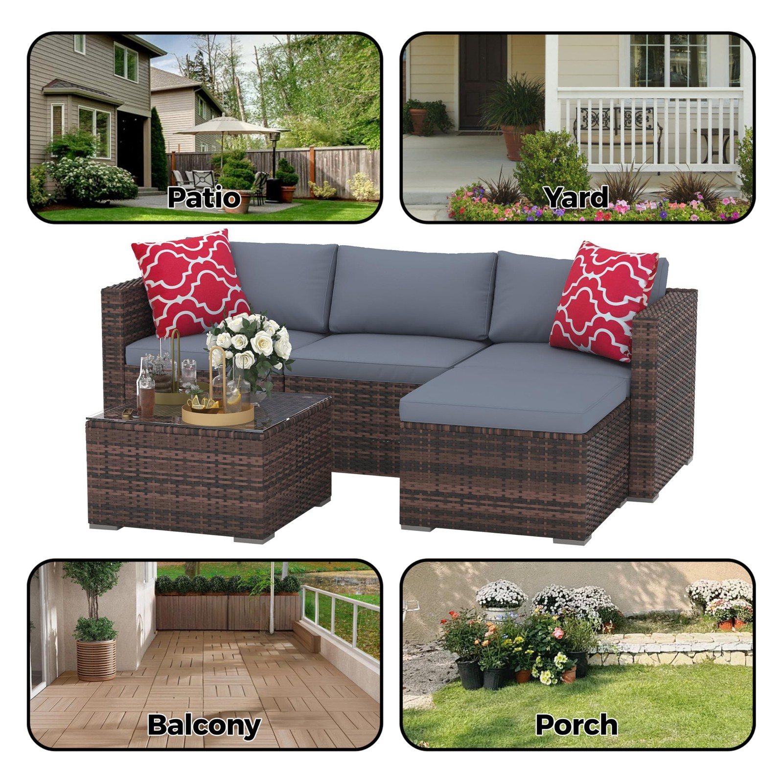 5Piece Patio Furniture Set Rattan Chairs w/ Soft Cushion,Glass Table(No pillows)