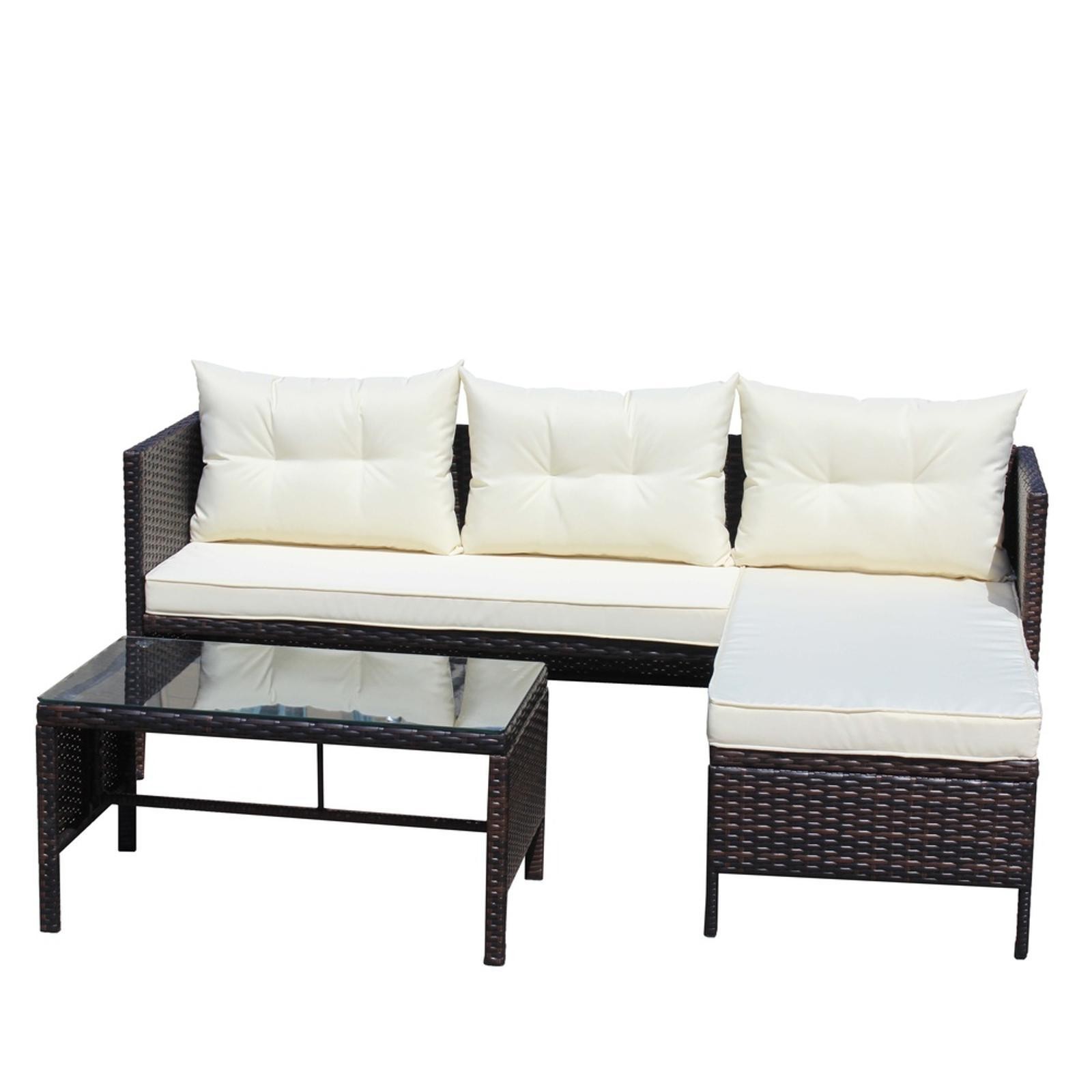 Modern Outdoor Patio Sofa Set, 3 Piece Steel Frame, Rattan, Beige Cushions, Easy