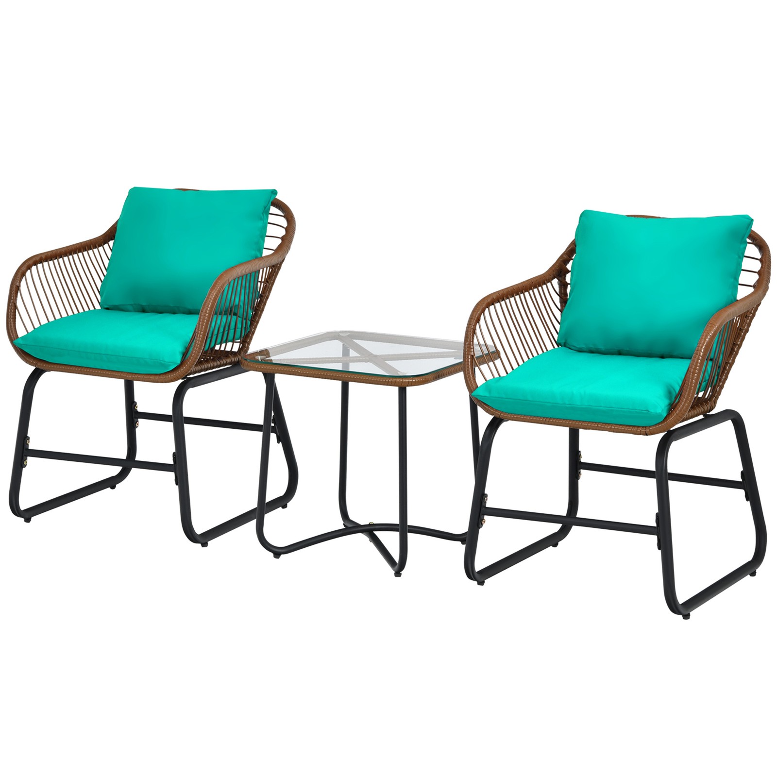 3PCS Outdoor Bistro Set Patio Conversation Furniture Set w/ Turquoise Cushions