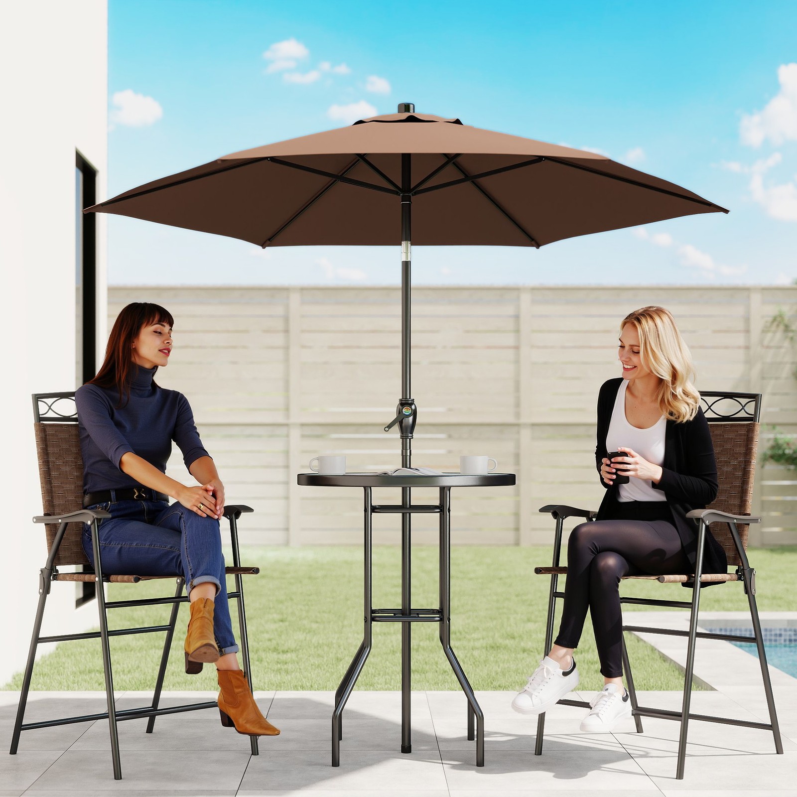 4pc Outdoor Patio Dining Set Furniture, 2 Folding Chairs, Table, Umbrella, Brown