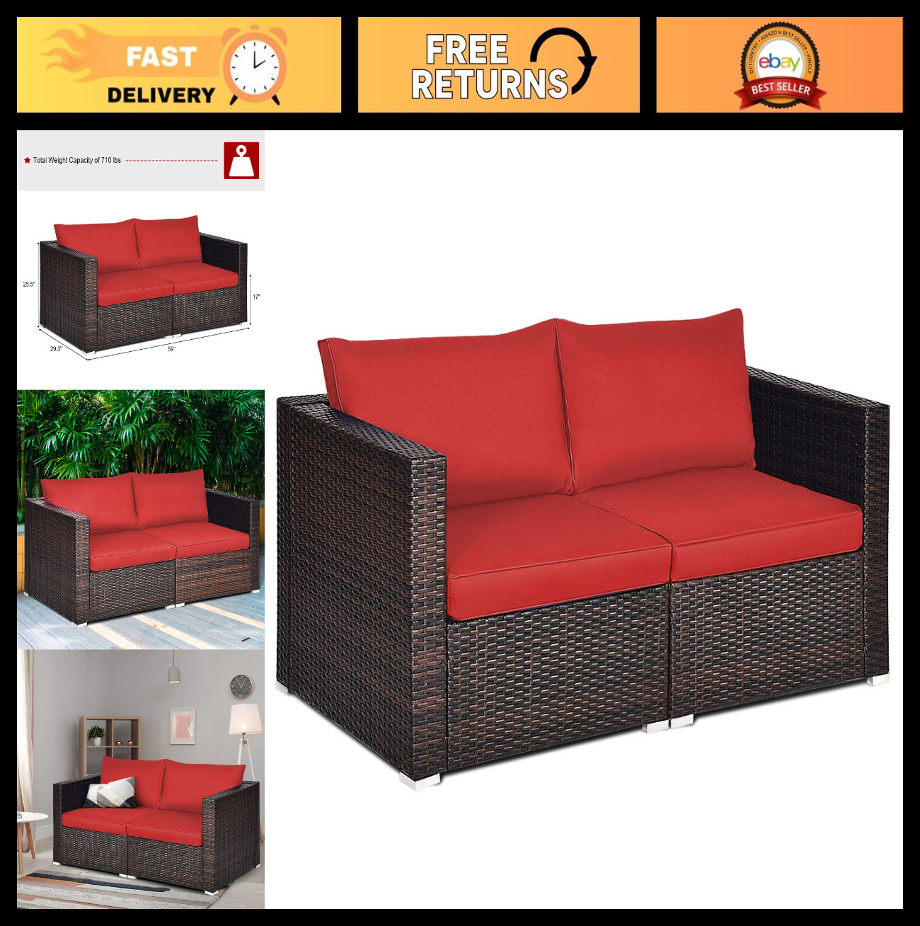 2-Piece Outdoor Wicker Loveseat Sofa Set – Modular PE Rattan Furniture for Deck,