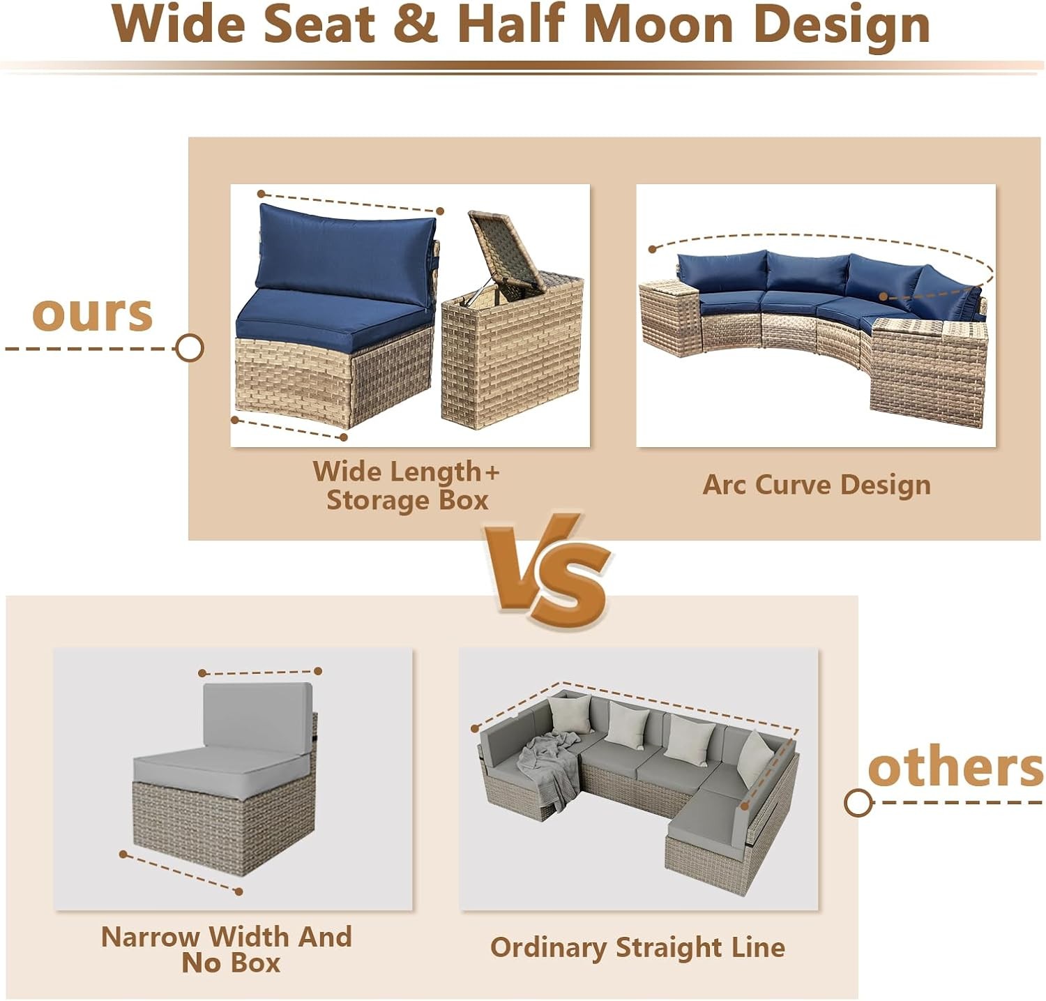 Set of 7 Half-Moon Patio Furniture All-Weather Wicker Curved Sofa Storage Table