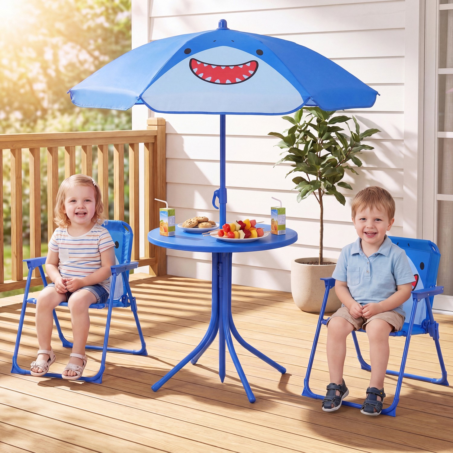 Kids Outdoor Table Chair Set 2 Folding Chairs Adjust Umbrella Blue