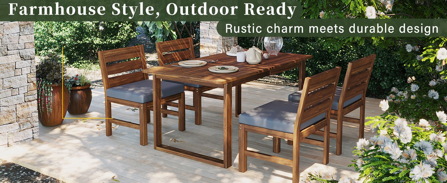 Acacia Wood Outdoor Dining Set for 4 with Cushions, Farmhouse Patio