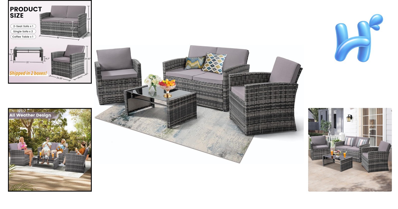 Elegant 4-Piece Light Grey Rattan Patio Conversation Set for Outdoor Living