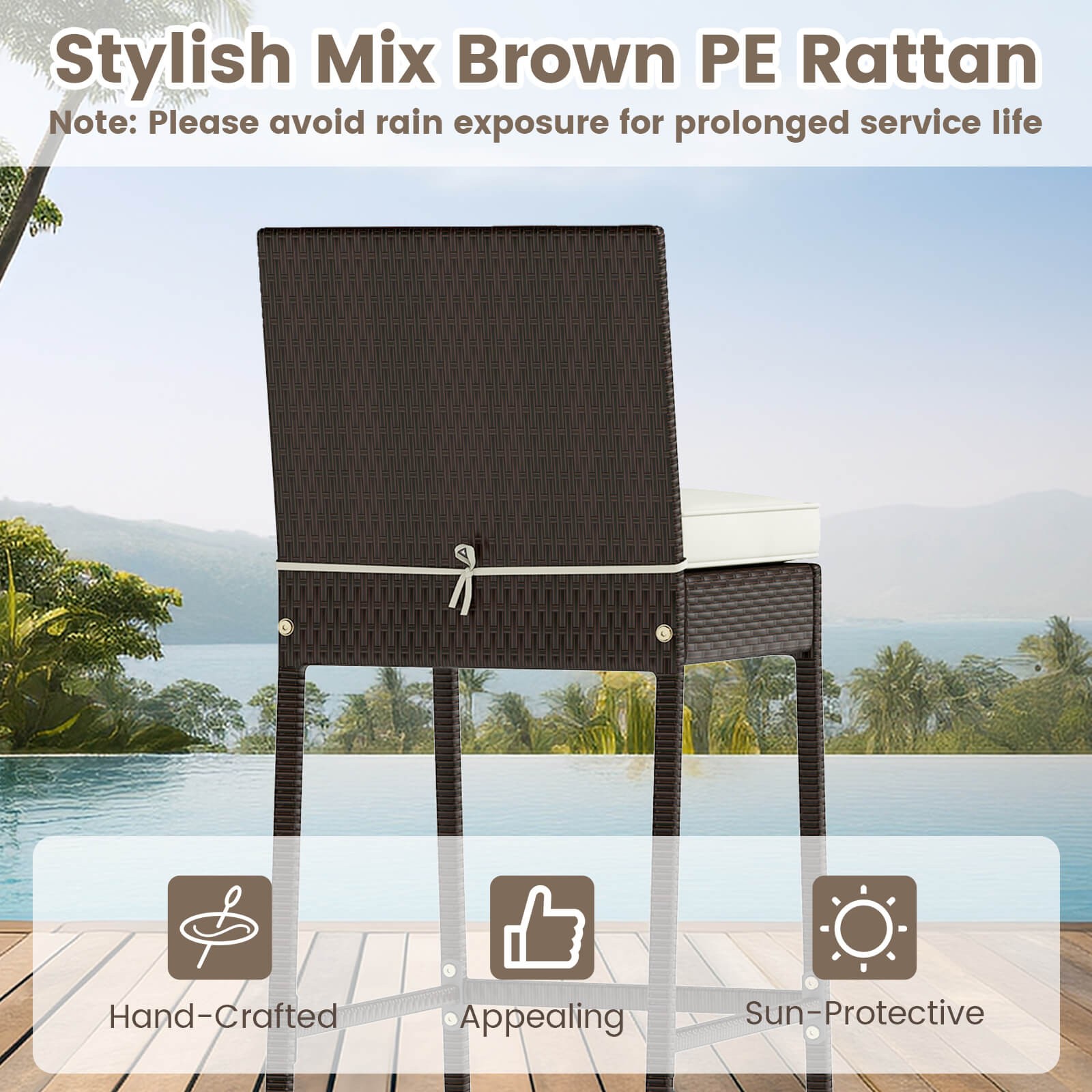 3 Piece Outdoor Bar Set Patio Rattan Bar Height Table & Chairs w/ Glass Tabletop
