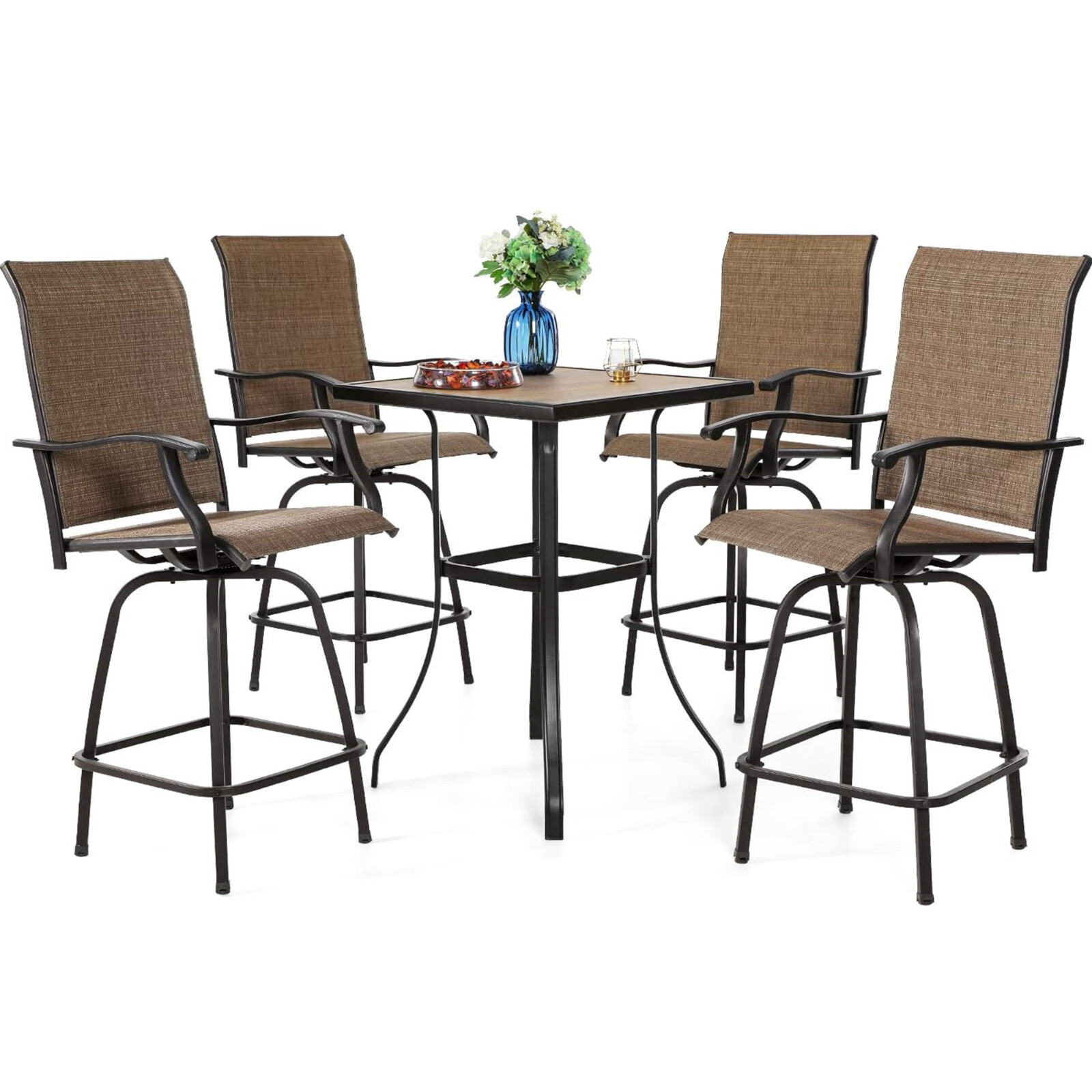 5 PCS Patio Swivel Bar Sets Textilene High Bistro Sets,4 Bar Stools &1 Bar Table