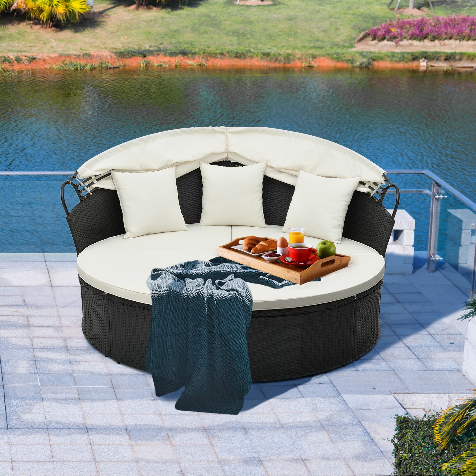 Patio Round Daybed Wicker Daybed with Retractable Canopy for Backyard Off White