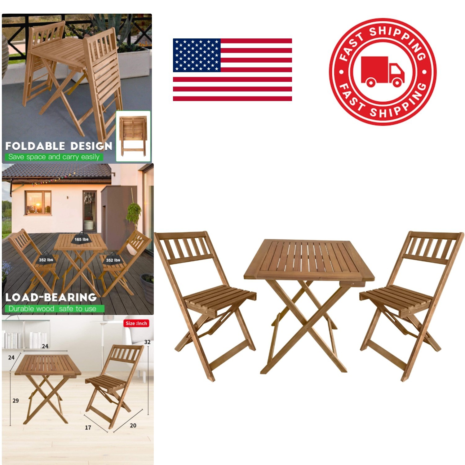 Acacia Wood Folding Patio Bistro Set with 2 Chairs and Square Table Natural