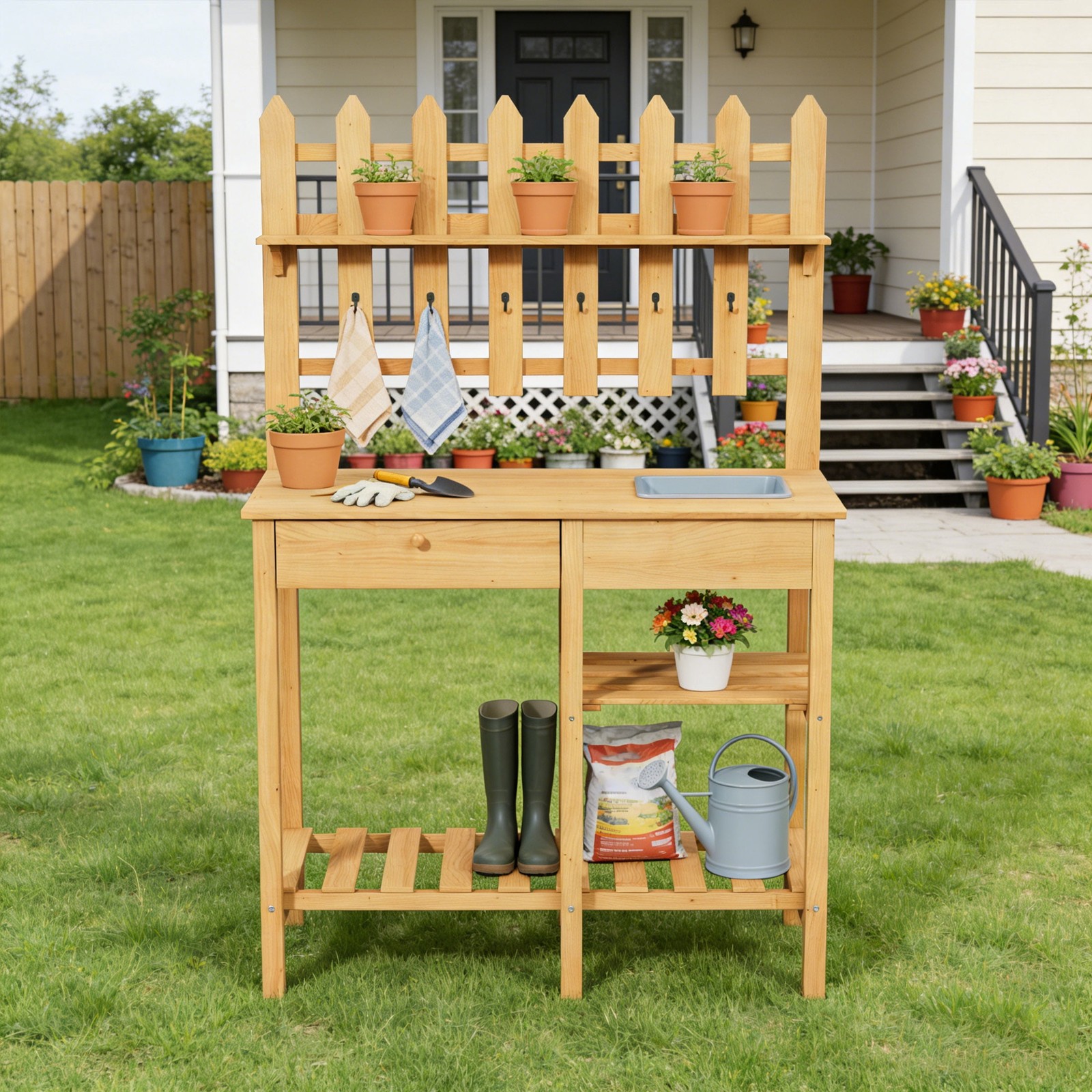 Wooden Potting Bench with Sink Outdoor Potting Table Drawer Open Storage Shelf