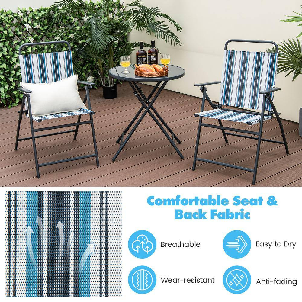 3-Piece Metal Folding Chair Set with 2 Chairs and Glass round Coffee Table Porch