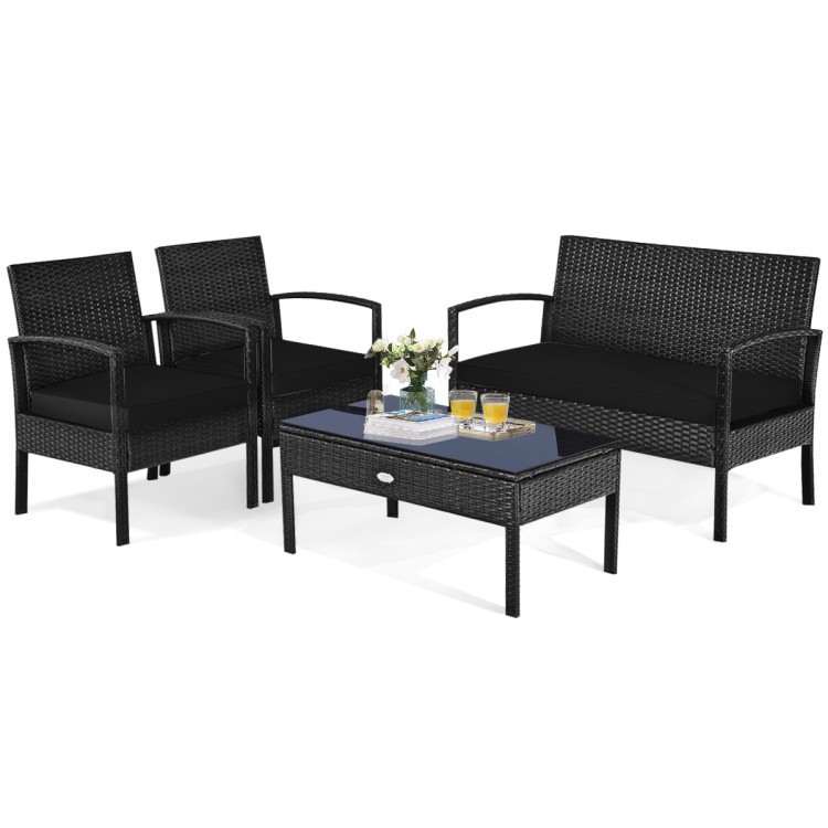 Outdoor 4-Piece Rattan Conversation Set with Tempered Glass Table