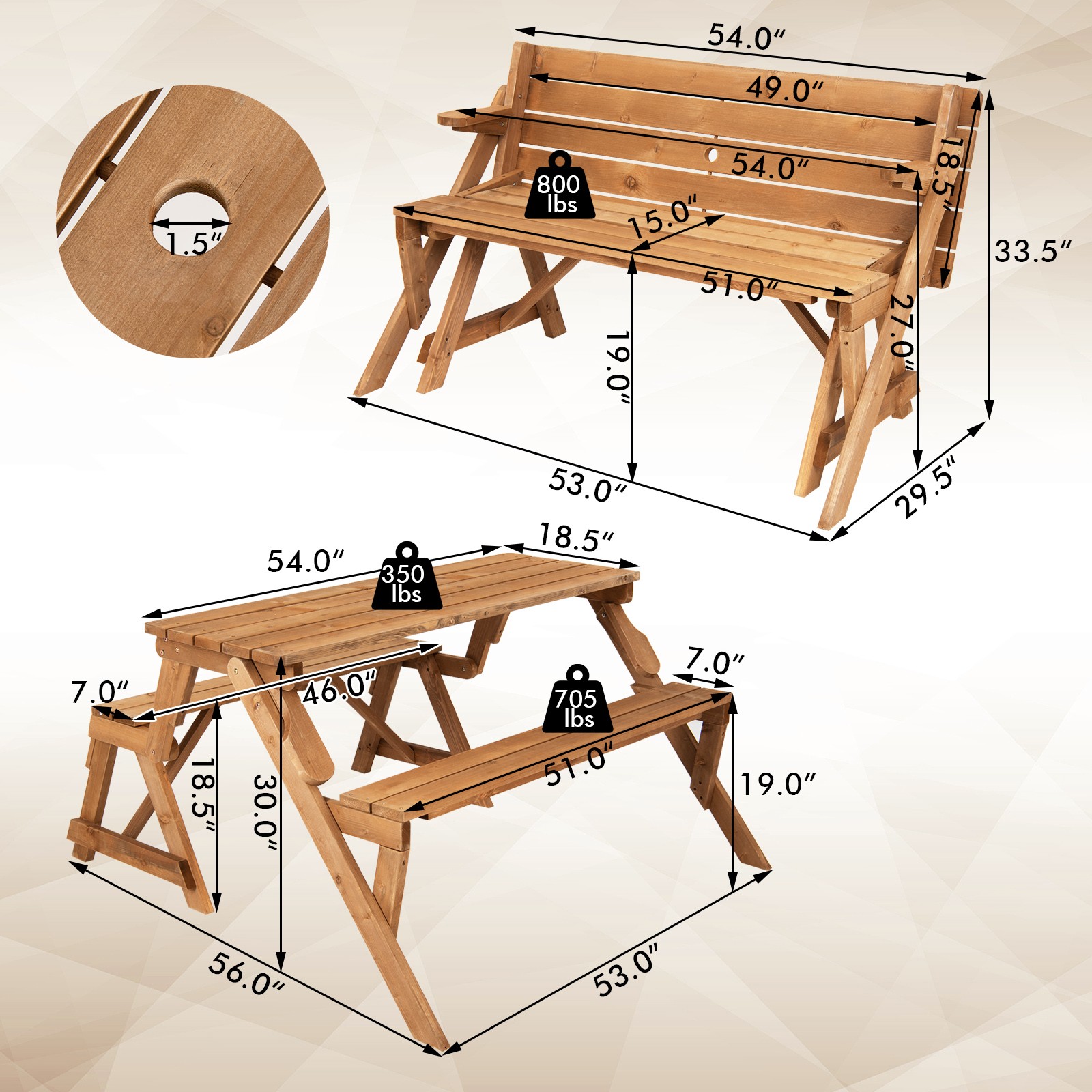 2-in-1 Interchangeable Transforming Wooden Picnic Table Bench w/ Umbrella Hole