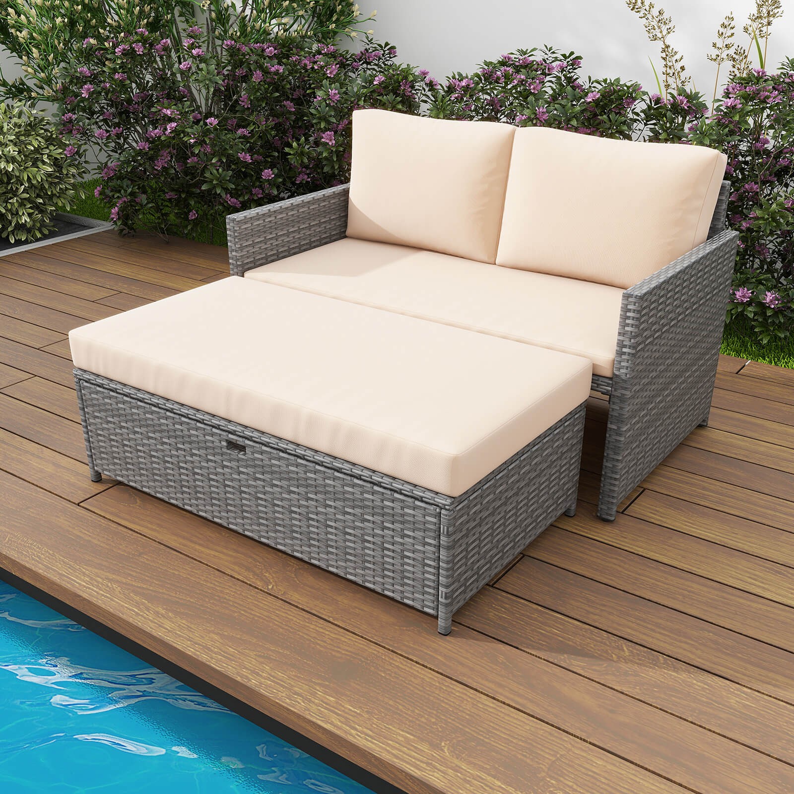 2 PCS Patio Loveseat w/ 31 Gal Multifunctional Storage Ottoman and Soft Cushions