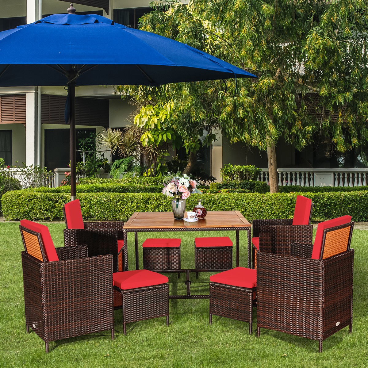 9PCS Patio Rattan Dining Set Cushioned Chairs Ottoman Wood Table Top Red