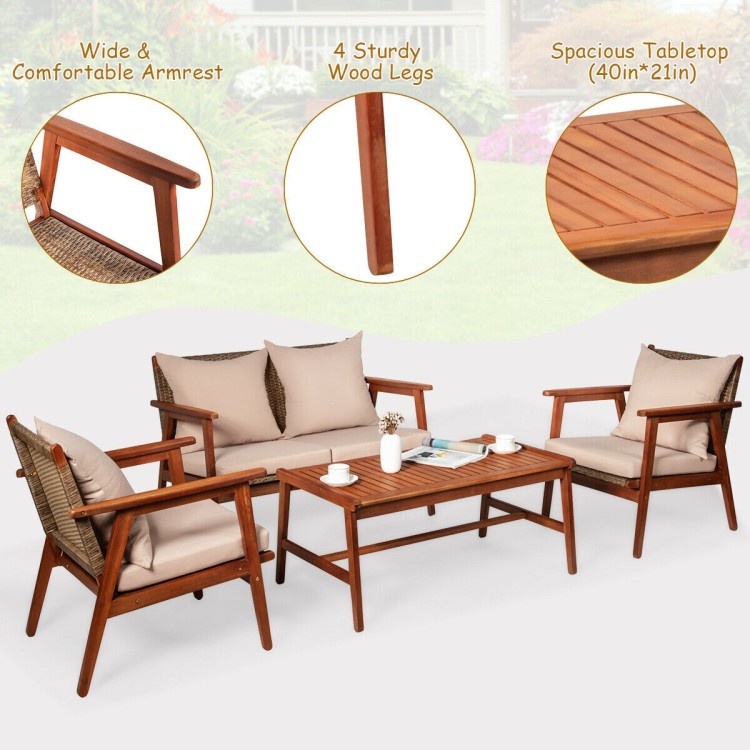 4-Piece Acacia Wood Patio Rattan Furniture Set with Cushions – Outdoor/Indoor