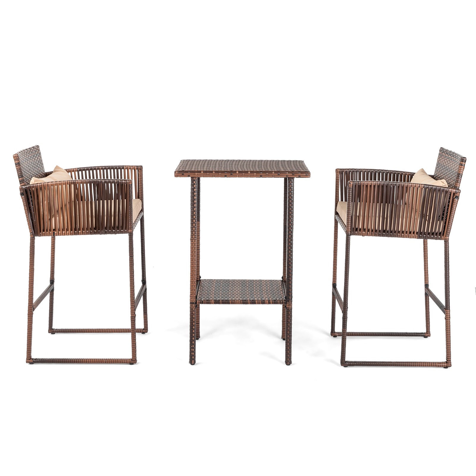 3-Piece Patio Bar Set w/ Cushions, 2 Bar Stools & Table, Brown Rattan
