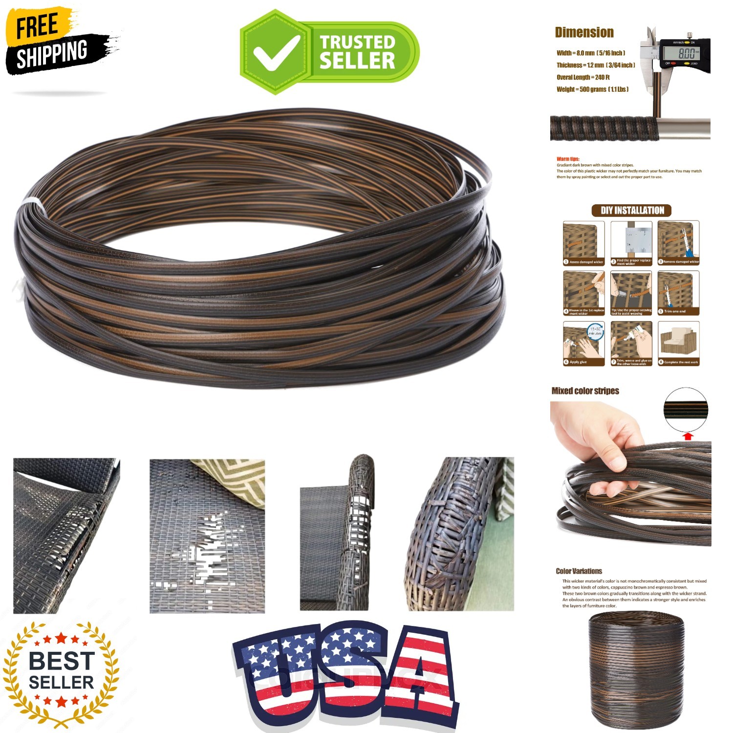 240 Ft Wicker Repair Kit, Plastic Wicker Repair Supplies, Gradient Dark Brown…