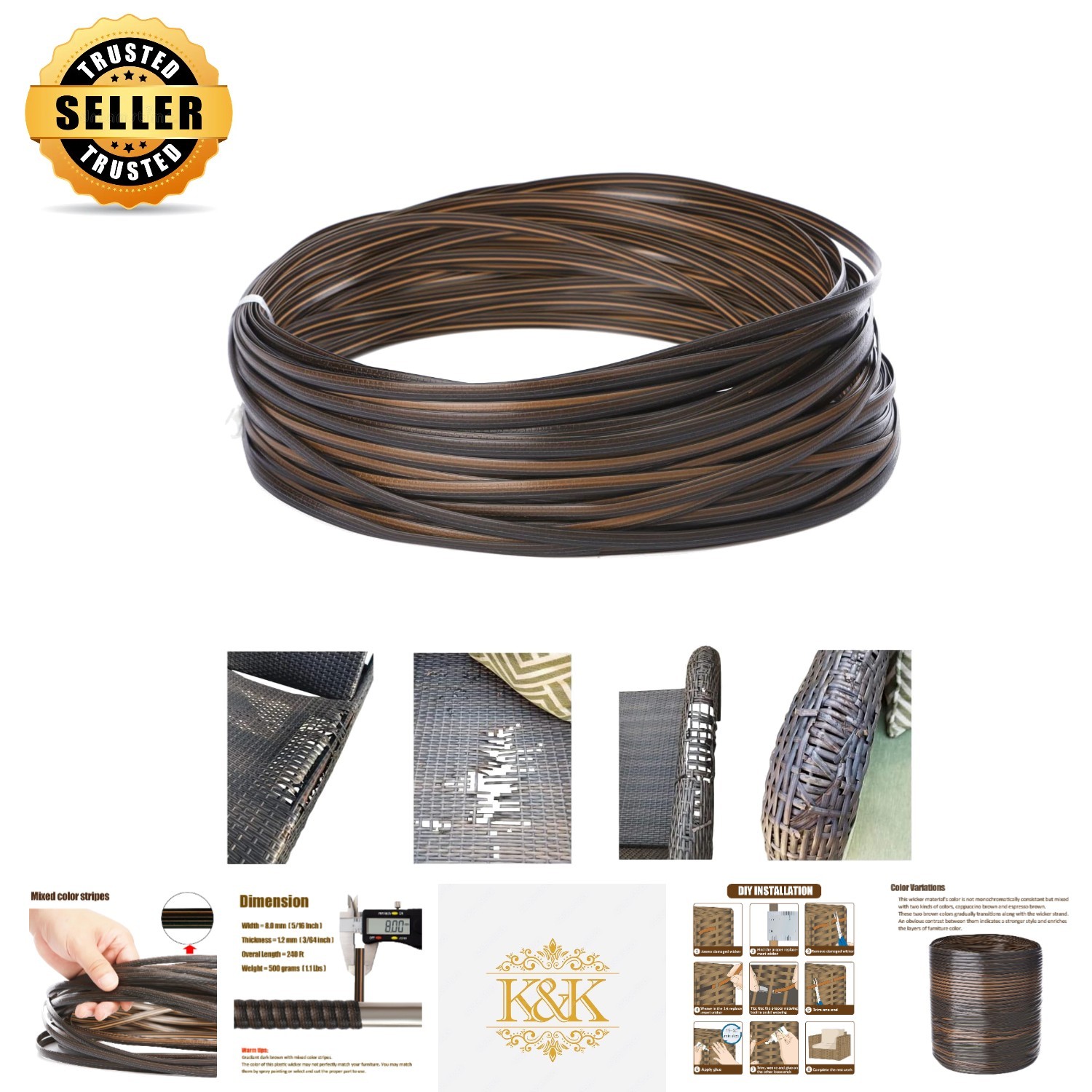 Synthetic Polyethylene Wicker Repair Kit – 240 Ft Gradient Dark Brown Stripes