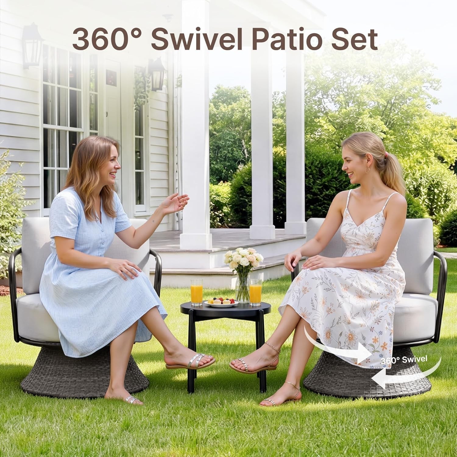 3 PCS Patio Furniture Set,Outdoor Swivel Chairs Set of 2 w/Side Table,Wicker Pat