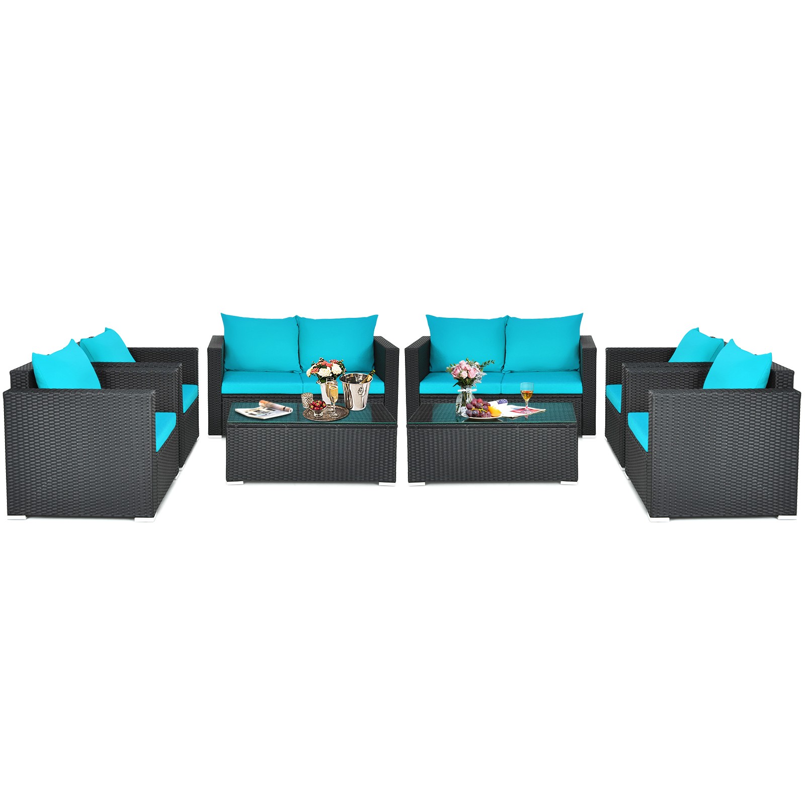 8PCS Patio Rattan Furniture Set Cushioned Sofa Chair Coffee Table Turquoise