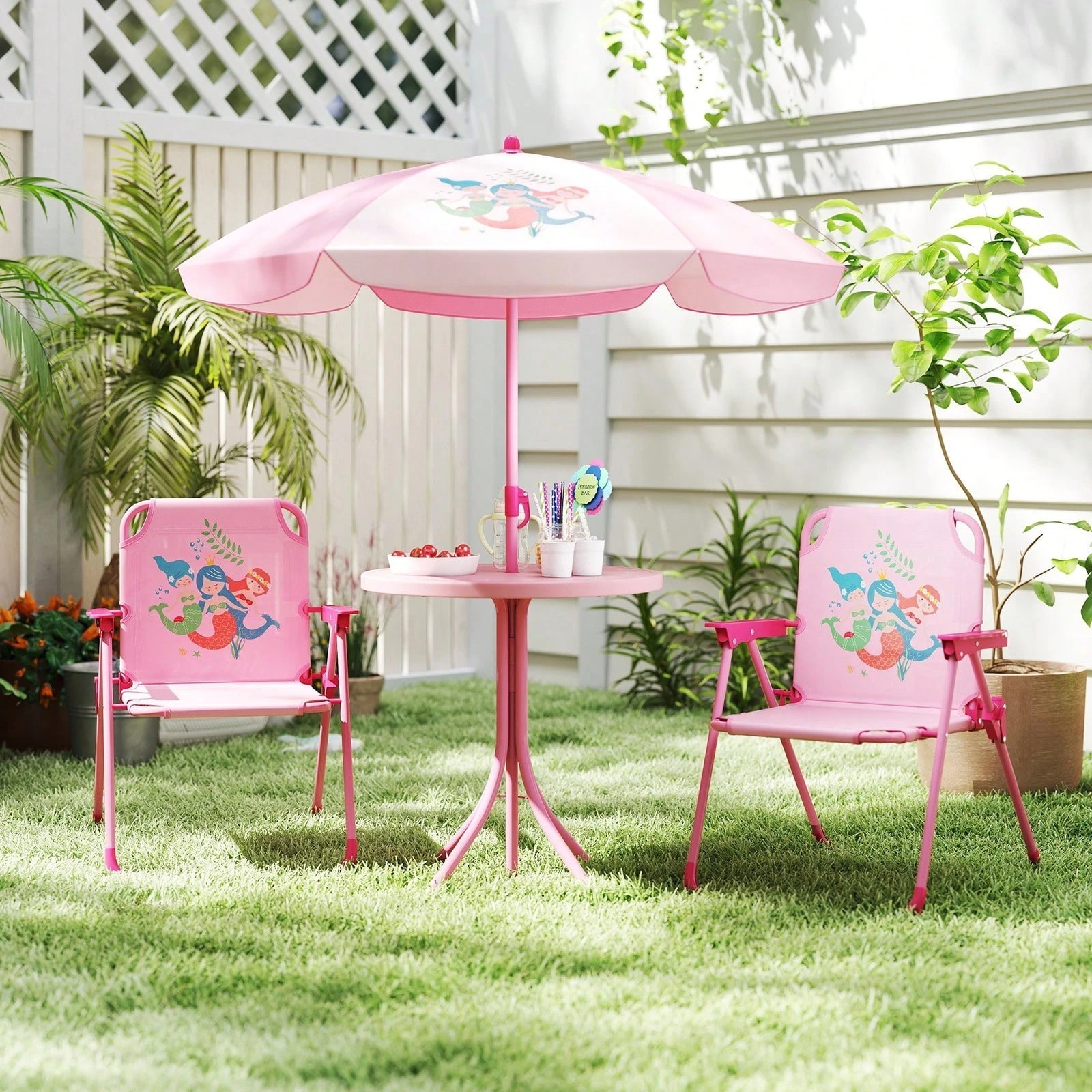 Kids Patio Picnic Table 2 Folding Chairs Set w/ Umbrella Toddlers Pink Mermaid