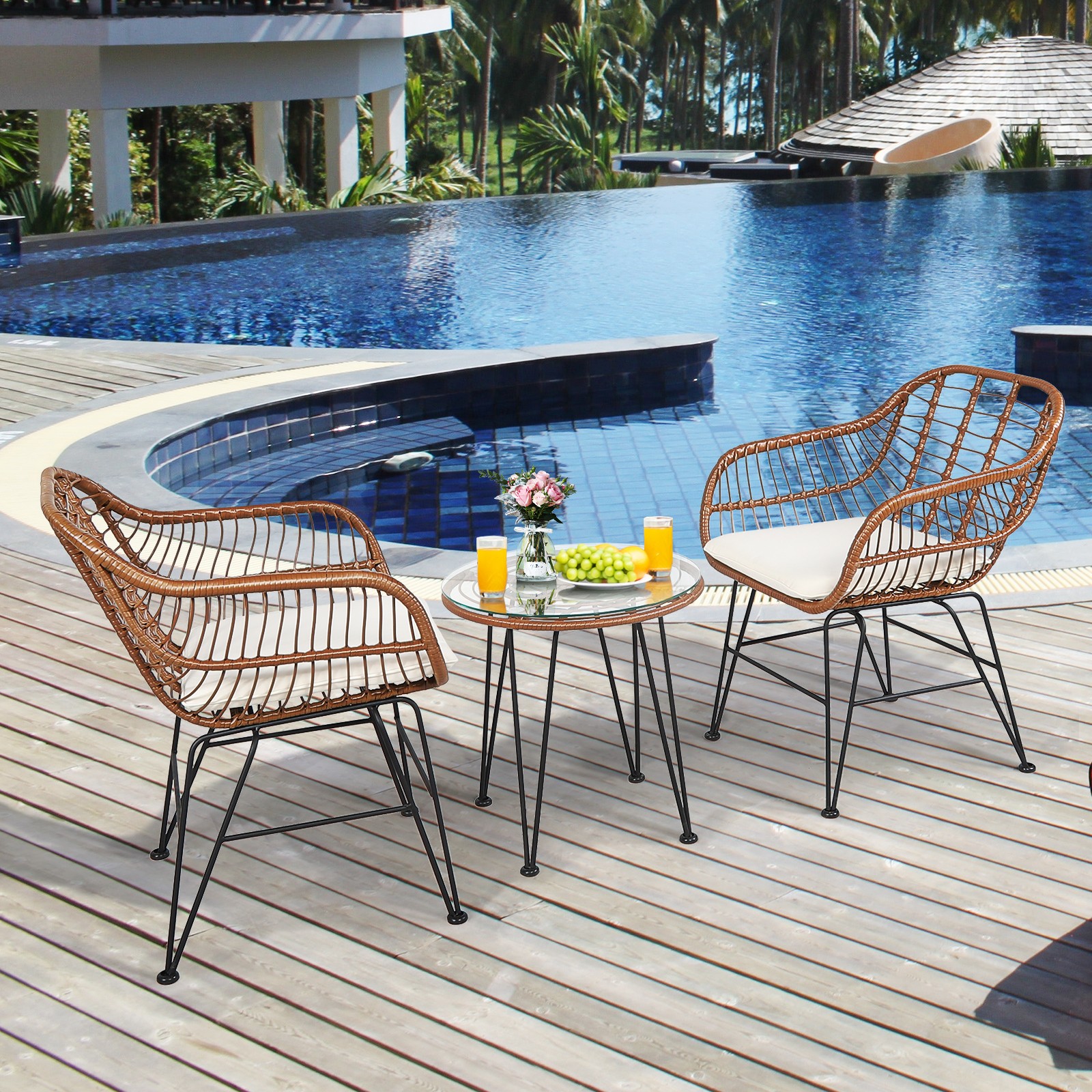 Patiojoy 3PCS Patio Rattan Bistro Set Coffee Table Armchair Garden Beige Cushion