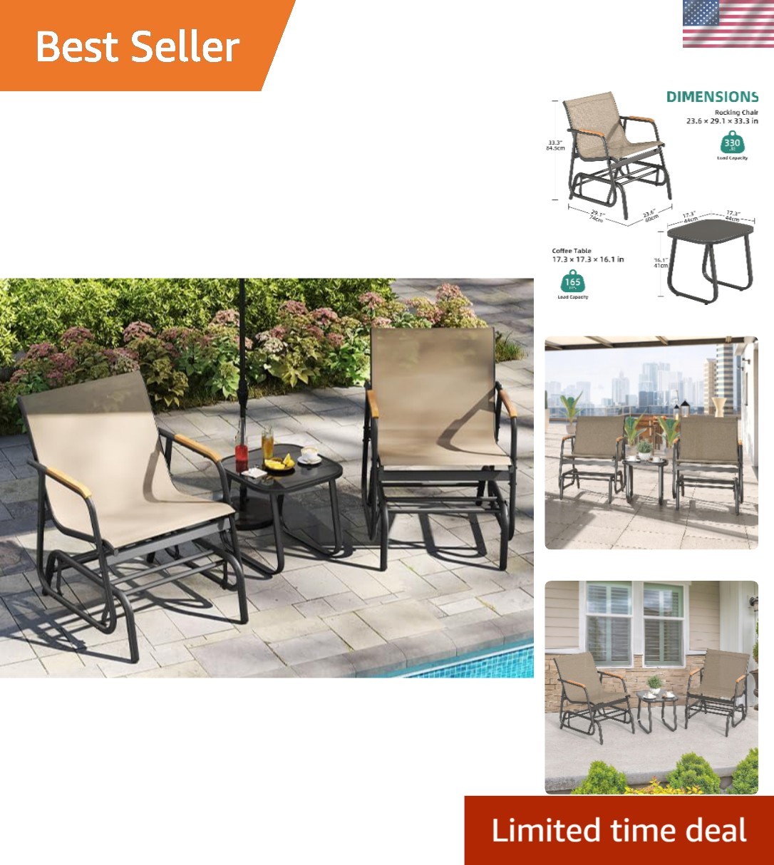 Versatile Brown Patio Glider Set with Glass Table – Perfect for Balcony & Garden